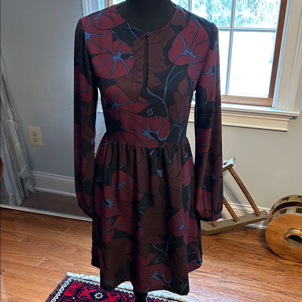 LOFT Red and Black Floral Long Sleeve Dress